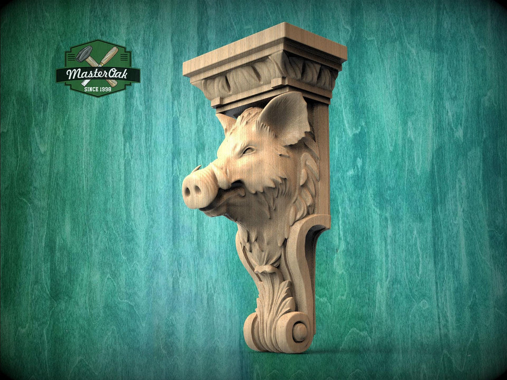 Boar Head Wood Corbel – Carved Rustic Wall Bracket for Shelves and Decor