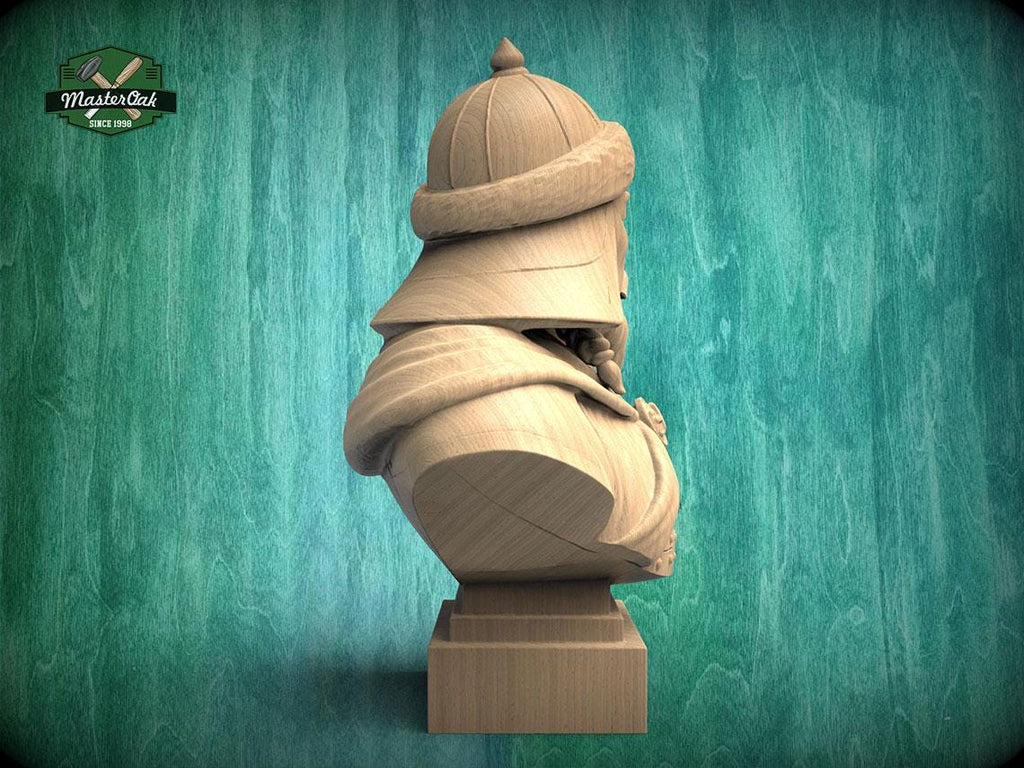 Genghis Khan Bust | Carved & Hand-Finished Wood Statue | Mongolian History Decor