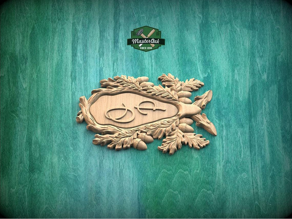 Personalized Wooden Medallion Onlay, Rustic Oak and Acorn Design, Wood Onlay with Acorn Motif, 1 pc, Unpainted, Home Wall Embellishments