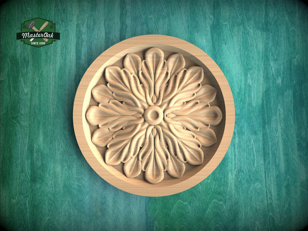 A wooden ornate flower design in a round bowl, set against a green background.