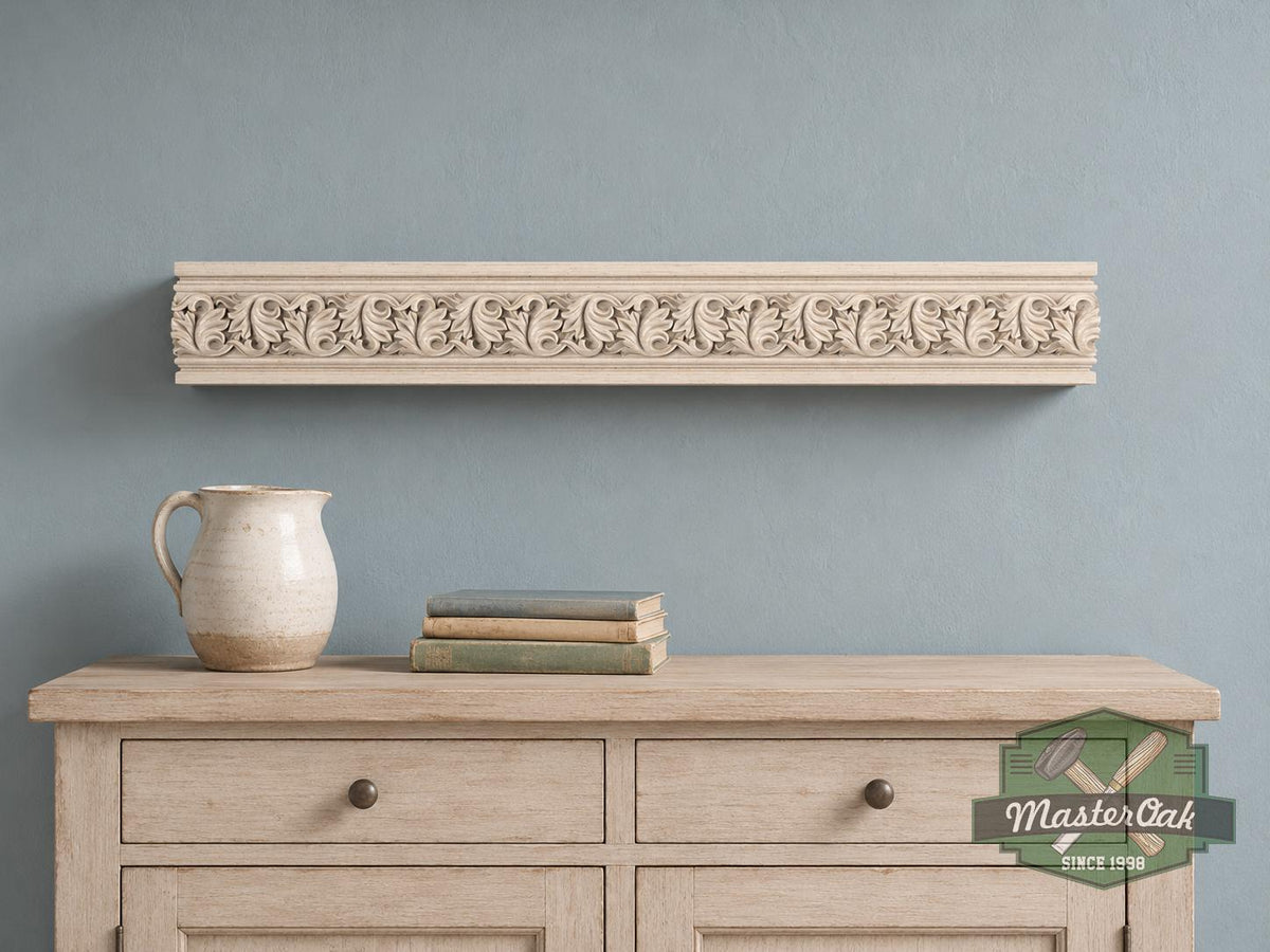 Carved Solid Oak Fireplace Mantel Shelf with Acanthus Leaves, Ornate Floating Wall Shelf, Classical Wood Home Decor