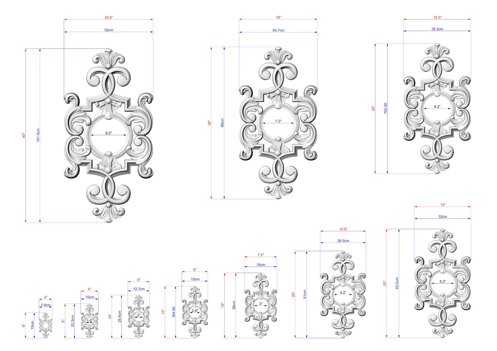 a collection of ornate, decorative designs with intricate patterns and measurements. The designs are presented in various sizes, ranging from small to large, and are accompanied by corresponding dimensions. The image is a collage of multiple images, and the descriptions provided should be avoided to prevent redundancy and maintain clarity.
