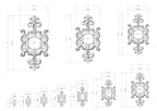 a collection of ornate, decorative designs with intricate patterns and measurements. The designs are presented in various sizes, ranging from small to large, and are accompanied by corresponding dimensions. The image is a collage of multiple images, and the descriptions provided should be avoided to prevent redundancy and maintain clarity.