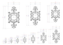 Load image into Gallery viewer, a collection of ornate, decorative designs with intricate patterns and measurements. The designs are presented in various sizes, ranging from small to large, and are accompanied by corresponding dimensions. The image is a collage of multiple images, and the descriptions provided should be avoided to prevent redundancy and maintain clarity.

