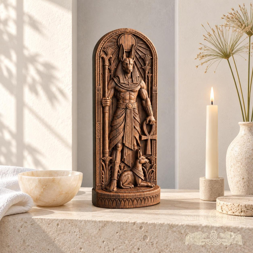 Anubis Temple Shrine Statue – Egyptian Jackal God with Ankh, Carved Wooden Altar Decor, Ancient Egypt Gift