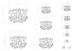 a collection of stylized, decorative white shapes with intricate, swirling patterns. The shapes are arranged in a grid-like pattern, with each one varying in size and orientation. The image does not contain any text or additional objects, and the relative positions of the shapes are consistent throughout the grid.