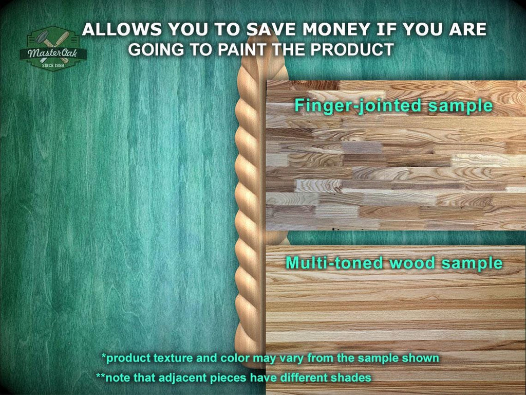 The image is a collage of two wood samples, one with a finger-jointed sample and the other with a multi-toned wood sample. The text above the samples states that the samples allow you to save money if you are going to paint the product. The text below the samples provides information about the samples, stating that the product texture and color may vary from the sample shown and that adjacent pieces have different shades.