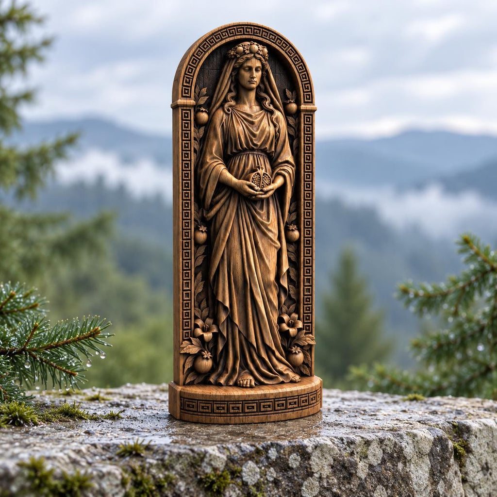 Persephone Wooden Statue, Greek Goddess Figurine with Pomegranate, Queen of the Underworld, Pagan Altar Decor, Mythology Gift
