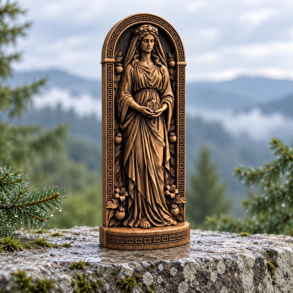 Persephone Wooden Statue, Greek Goddess Figurine with Pomegranate, Queen of the Underworld, Pagan Altar Decor, Mythology Gift