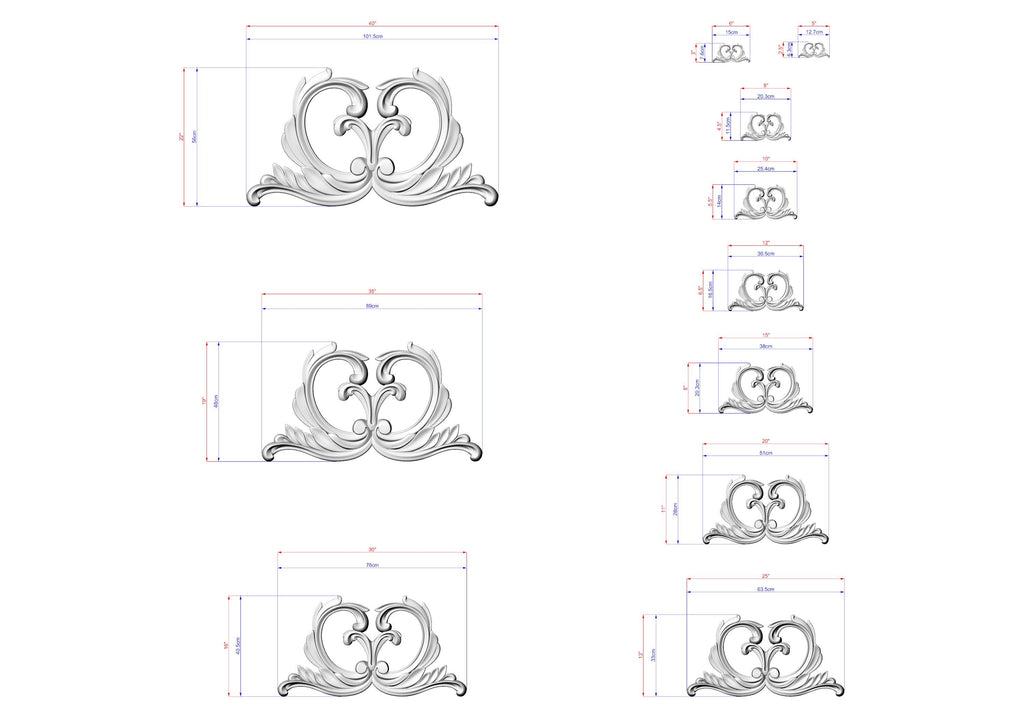 a series of stylized, decorative designs or patterns, each accompanied by a set of measurements or dimensions. The designs are arranged in a grid-like pattern, with each design varying in size and complexity. The image does not contain any text or additional elements that would require a more detailed description.