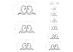 a series of stylized, decorative designs or patterns, each accompanied by a set of measurements or dimensions. The designs are arranged in a grid-like pattern, with each design varying in size and complexity. The image does not contain any text or additional elements that would require a more detailed description.