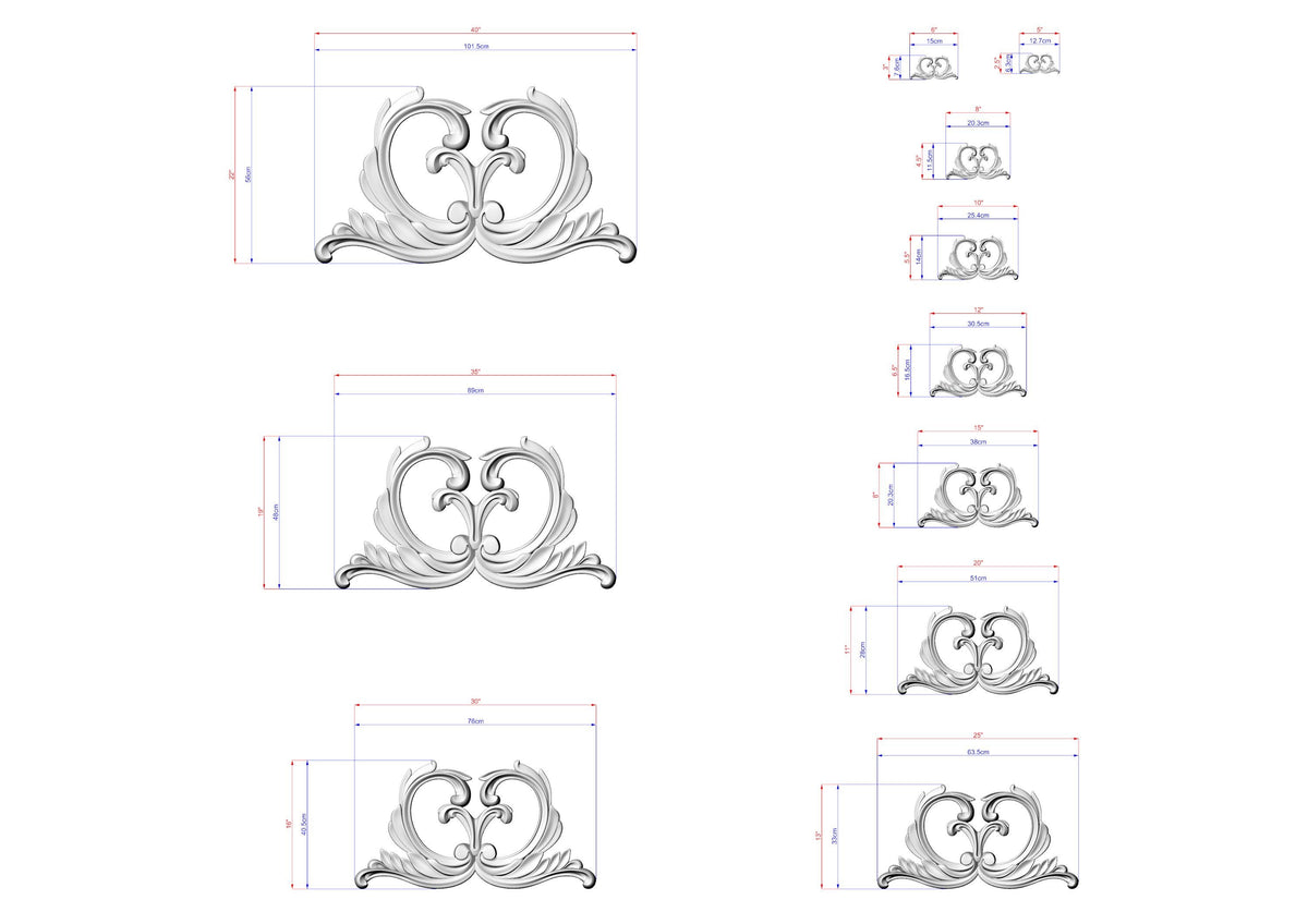 a series of stylized, decorative designs or patterns, each accompanied by a set of measurements or dimensions. The designs are arranged in a grid-like pattern, with each design varying in size and complexity. The image does not contain any text or additional elements that would require a more detailed description.