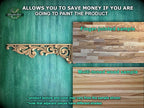 The image is a promotional image for Master Oak, a company that specializes in painting wooden products. It features a wooden shelf with an ornate design and a wooden panel with a finger-jointed sample. The image also includes a multi-toned wood sample and a product texture and color that may vary from the sample shown. The text in the image provides information about the product and its features, but it is not overly descriptive and avoids redundancy.
