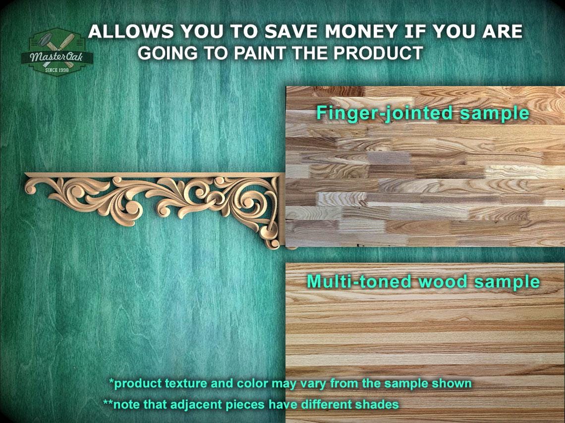 The image is a promotional image for Master Oak, a company that specializes in painting wooden products. It features a wooden shelf with an ornate design and a wooden panel with a finger-jointed sample. The image also includes a multi-toned wood sample and a product texture and color that may vary from the sample shown. The text in the image provides information about the product and its features, but it is not overly descriptive and avoids redundancy.