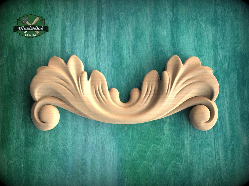 A decorative wooden carving with a floral design is displayed against a green textured background.