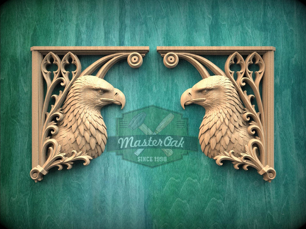 Carved Wood Eagle Corner Onlays, Mirrored Pair with Gothic Scrollwork