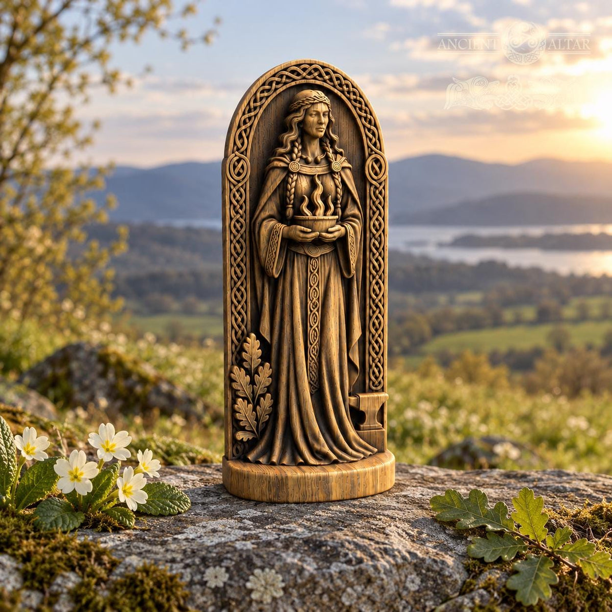 Brigid Statue with Sacred Flame and Anvil, Wooden Celtic Goddess Figurine, Imbolc Altar Decor, Irish Pagan Smithcraft Gift