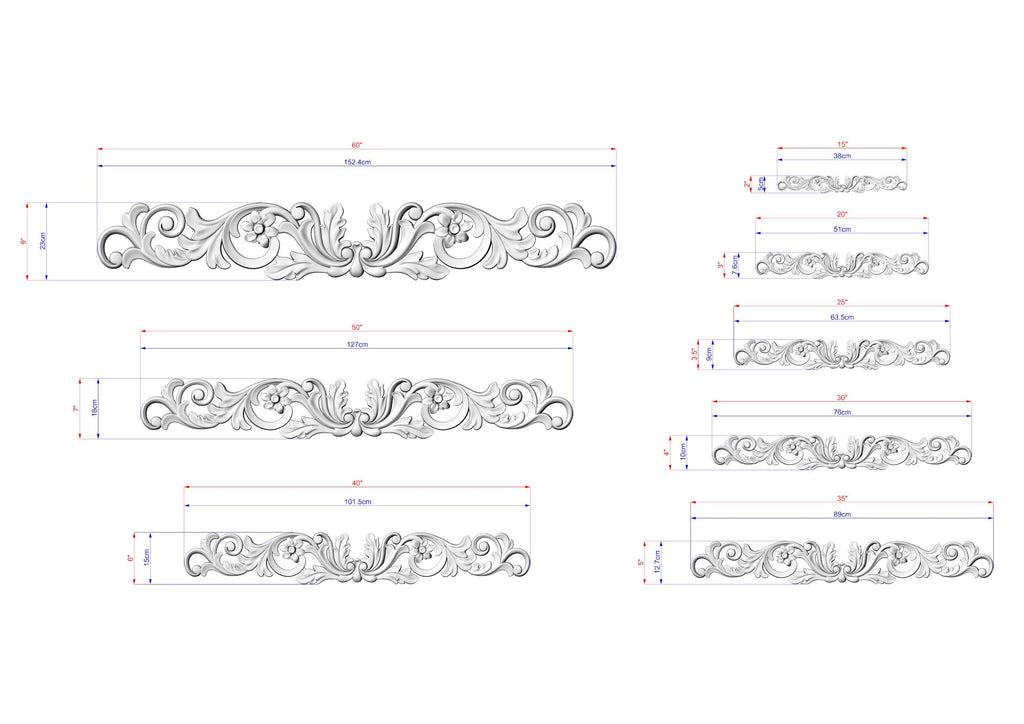 a collection of ornate scrollwork designs, each with its own unique style and size. The designs are meticulously detailed and showcase the artist's skill in creating intricate patterns. The image is a visual representation of the artist's work, providing a clear depiction of the various elements and their relative sizes.