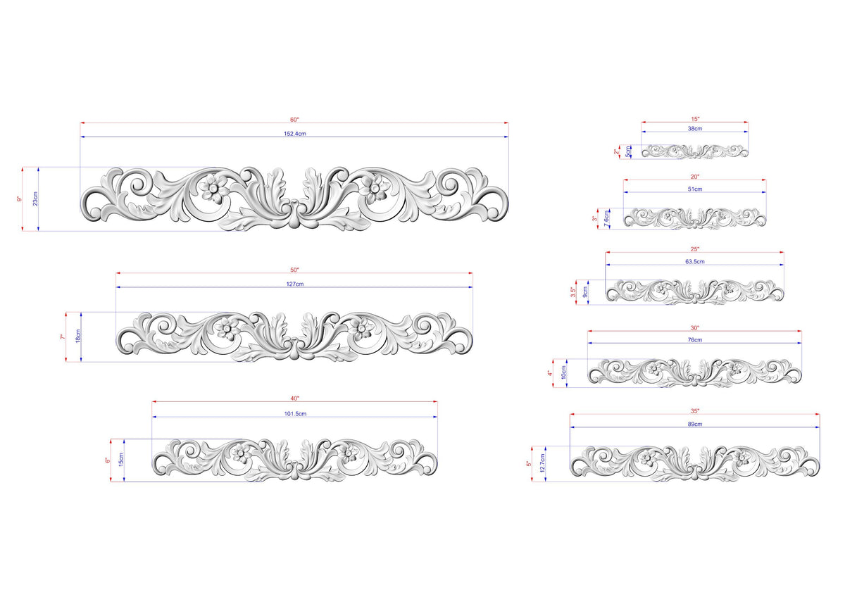 a collection of ornate scrollwork designs, each with its own unique style and size. The designs are meticulously detailed and showcase the artist's skill in creating intricate patterns. The image is a visual representation of the artist's work, providing a clear depiction of the various elements and their relative sizes.