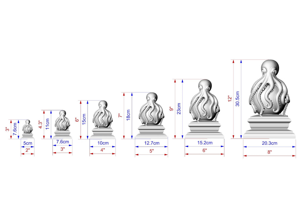 A series of 7-inch sculptures of octopus-like creatures, each with varying sizes and dimensions. The sculptures are arranged in a line, with the largest one at the bottom and the smallest at the top. The image provides measurements for each sculpture, including the height and width in inches.