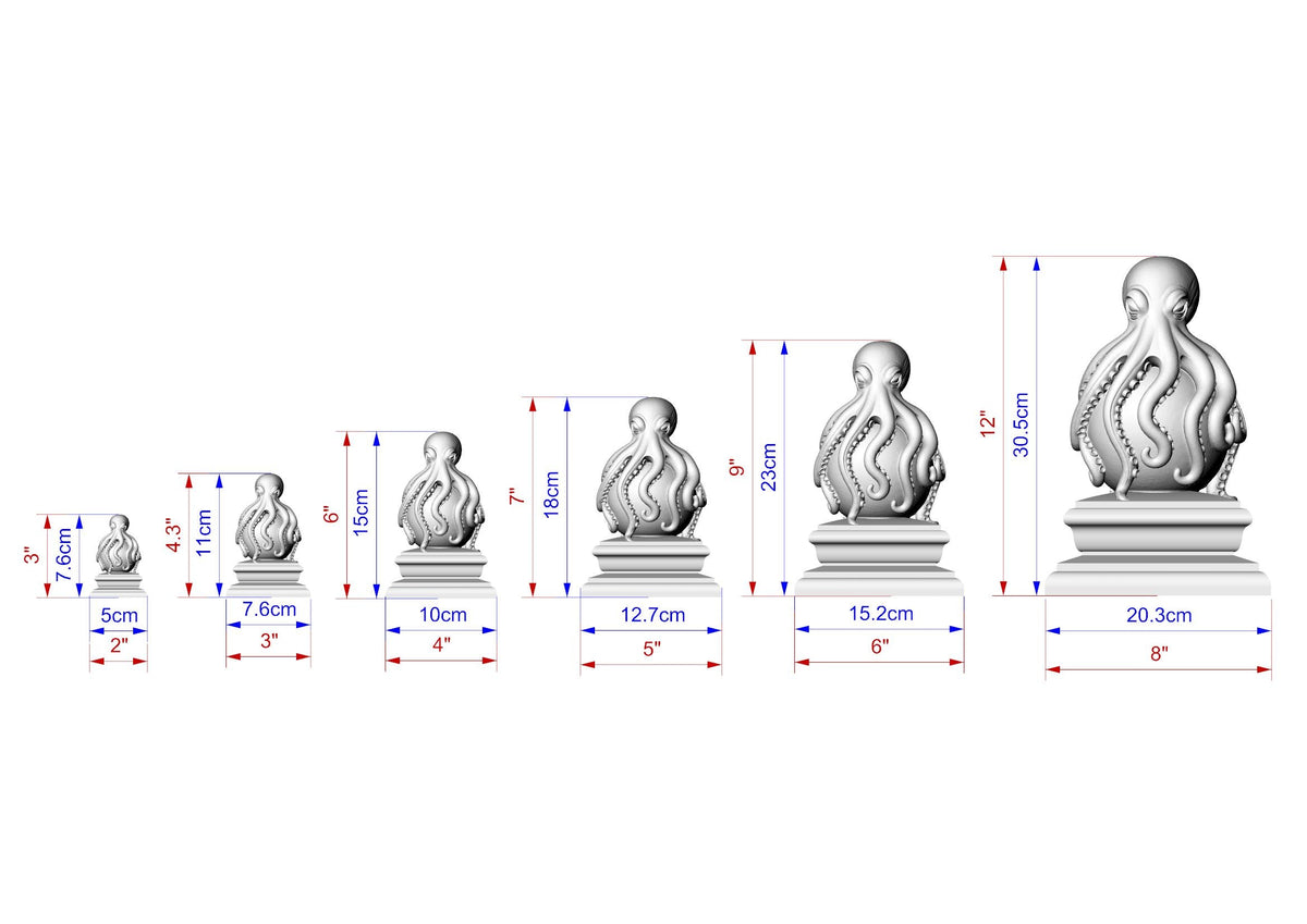 A series of 7-inch sculptures of octopus-like creatures, each with varying sizes and dimensions. The sculptures are arranged in a line, with the largest one at the bottom and the smallest at the top. The image provides measurements for each sculpture, including the height and width in inches.
