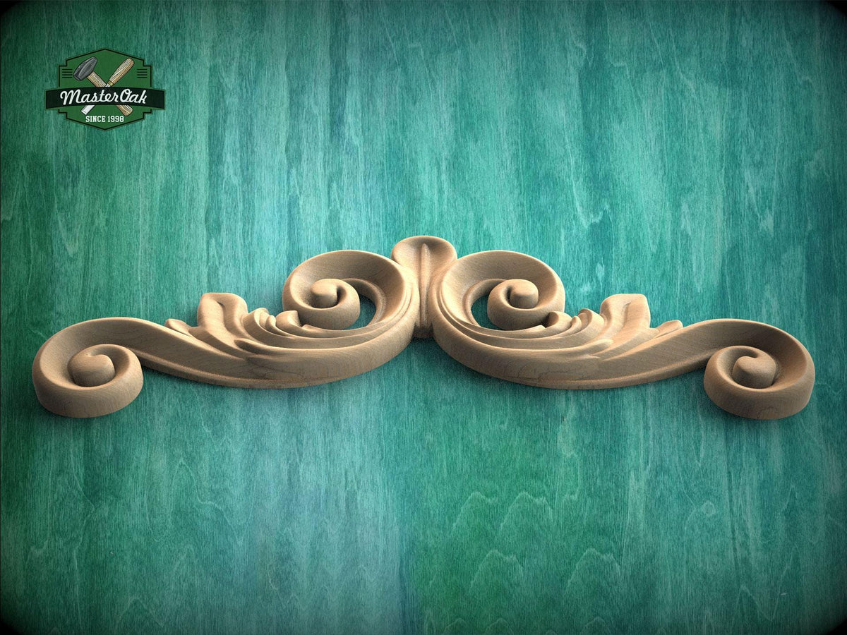A decorative wooden scroll or ornament with a swirling, organic design is displayed against a textured green background.