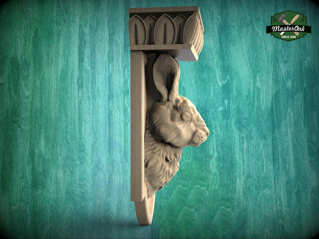 Carved Wooden Rabbit Corbel, Rustic Bunny Shelf Support