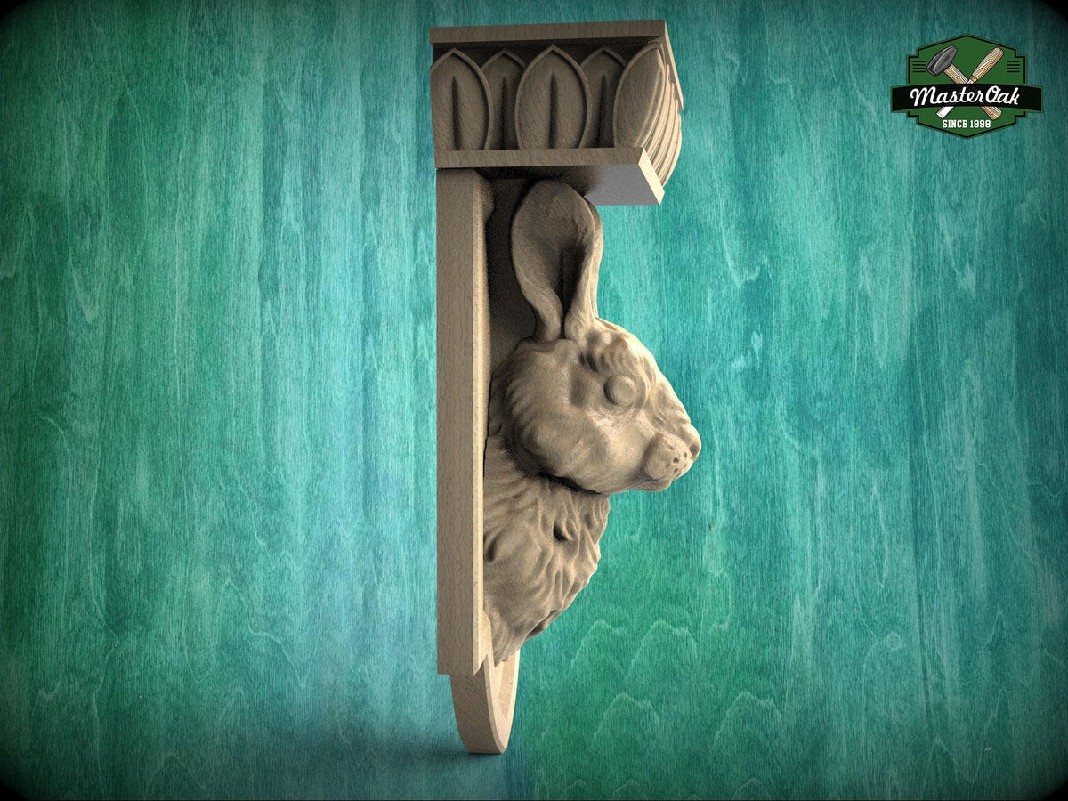 Carved Wooden Rabbit Corbel, Rustic Bunny Shelf Support