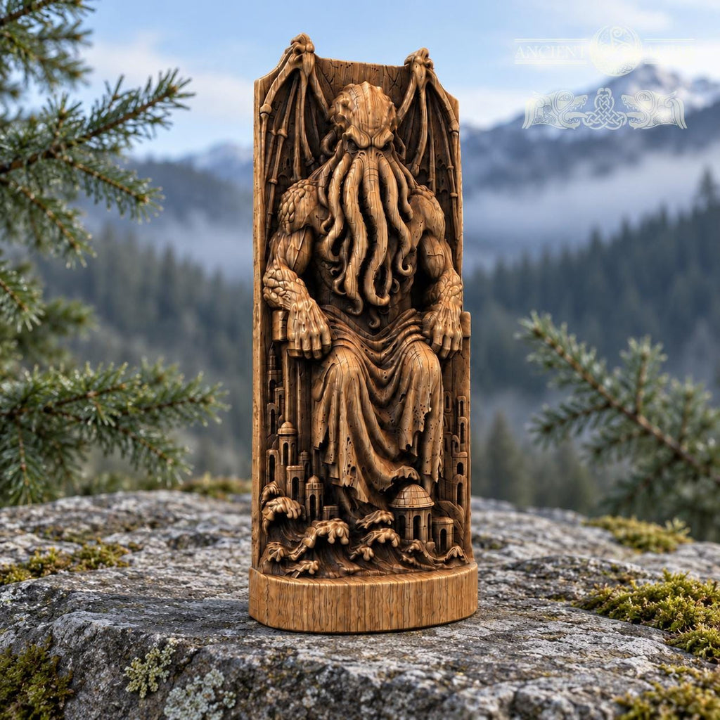 Cthulhu Throne Statue, Wooden Lovecraftian Monster Figurine, R’lyeh Cosmic Horror Decor, Gothic Altar Sculpture, Dark Fantasy Gift