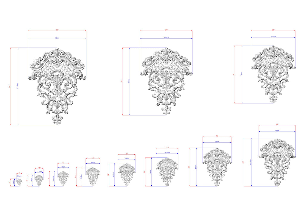 a series of ornate, decorative designs or patterns, each accompanied by a set of measurements. The designs are arranged in a grid-like pattern, with each design varying in size. The image does not contain any text or additional elements that would require a more detailed description.
