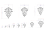 a series of ornate, decorative designs or patterns, each accompanied by a set of measurements. The designs are arranged in a grid-like pattern, with each design varying in size. The image does not contain any text or additional elements that would require a more detailed description.