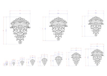 Load image into Gallery viewer, a series of ornate, decorative designs or patterns, each accompanied by a set of measurements. The designs are arranged in a grid-like pattern, with each design varying in size. The image does not contain any text or additional elements that would require a more detailed description.
