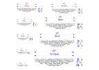 a series of decorative scrollwork designs, each with its own unique size and style. The designs are arranged in a grid format, with each design having its own set of measurements and scale. The image provides a clear visual representation of the different sizes and dimensions of the scrollwork designs, allowing for a detailed understanding of their proportions and characteristics.
