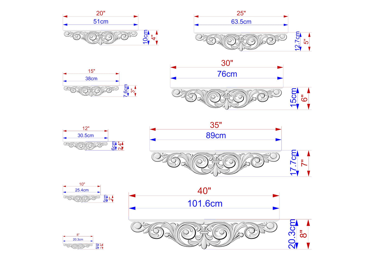 a series of decorative scrollwork designs, each with its own unique size and style. The designs are arranged in a grid format, with each design having its own set of measurements and scale. The image provides a clear visual representation of the different sizes and dimensions of the scrollwork designs, allowing for a detailed understanding of their proportions and characteristics.