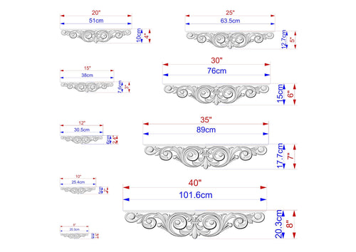 a series of decorative scrollwork designs, each with its own unique size and style. The designs are arranged in a grid format, with each design having its own set of measurements and scale. The image provides a clear visual representation of the different sizes and dimensions of the scrollwork designs, allowing for a detailed understanding of their proportions and characteristics.