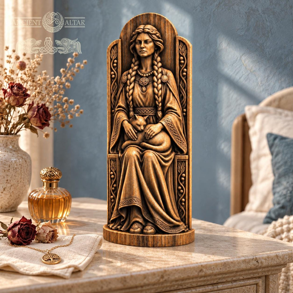 Freya Cat Altar Statue, Oak Norse Mythology Sculpture, Seated Scandinavian Goddess, Viking Witch Decor, Nordic Pagan Gift