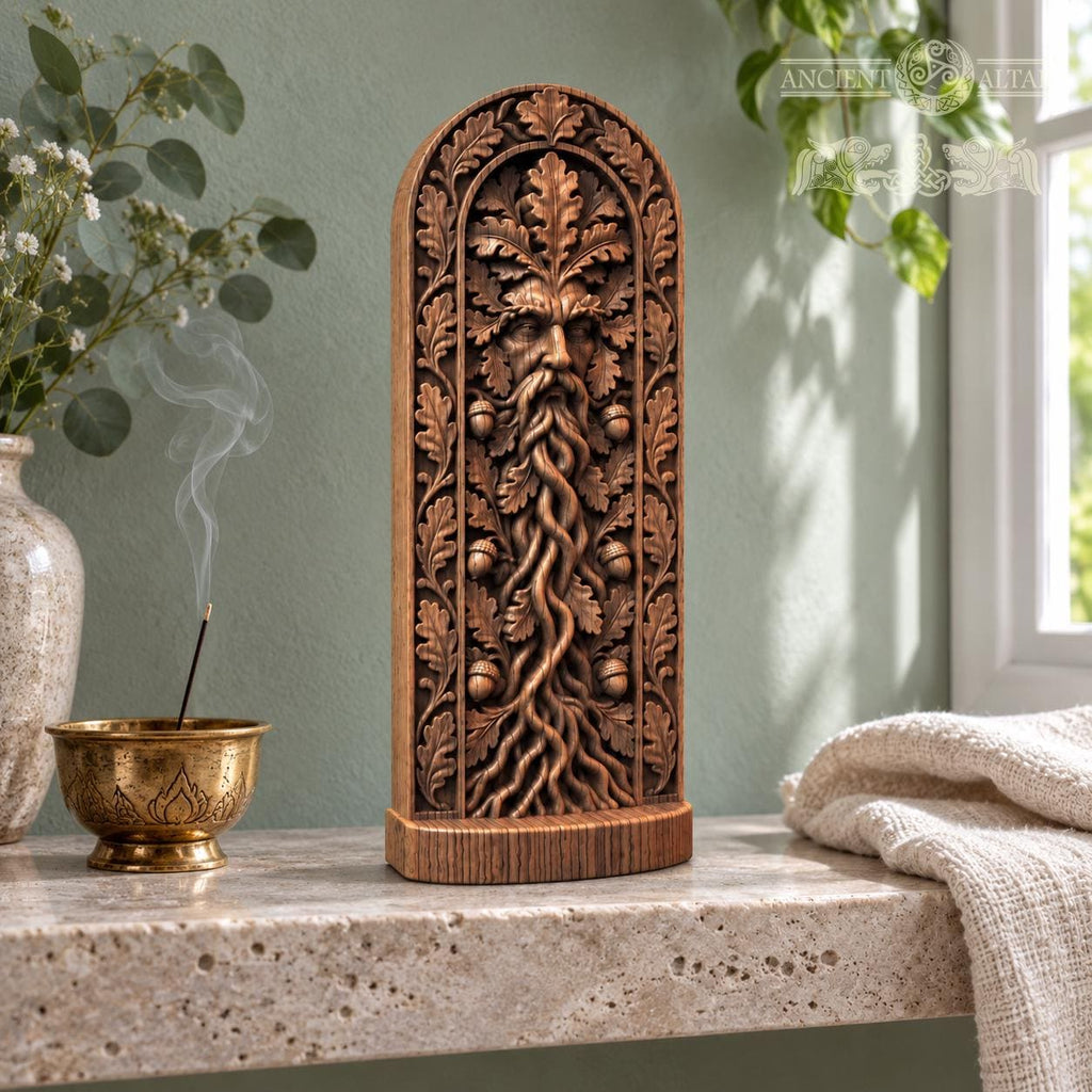 Green Man Sculpture with Twisting Roots, Solid Oak Forest Guardian, Woodland Altar Statue, Acorn and Leaf Decor, Pagan Gift