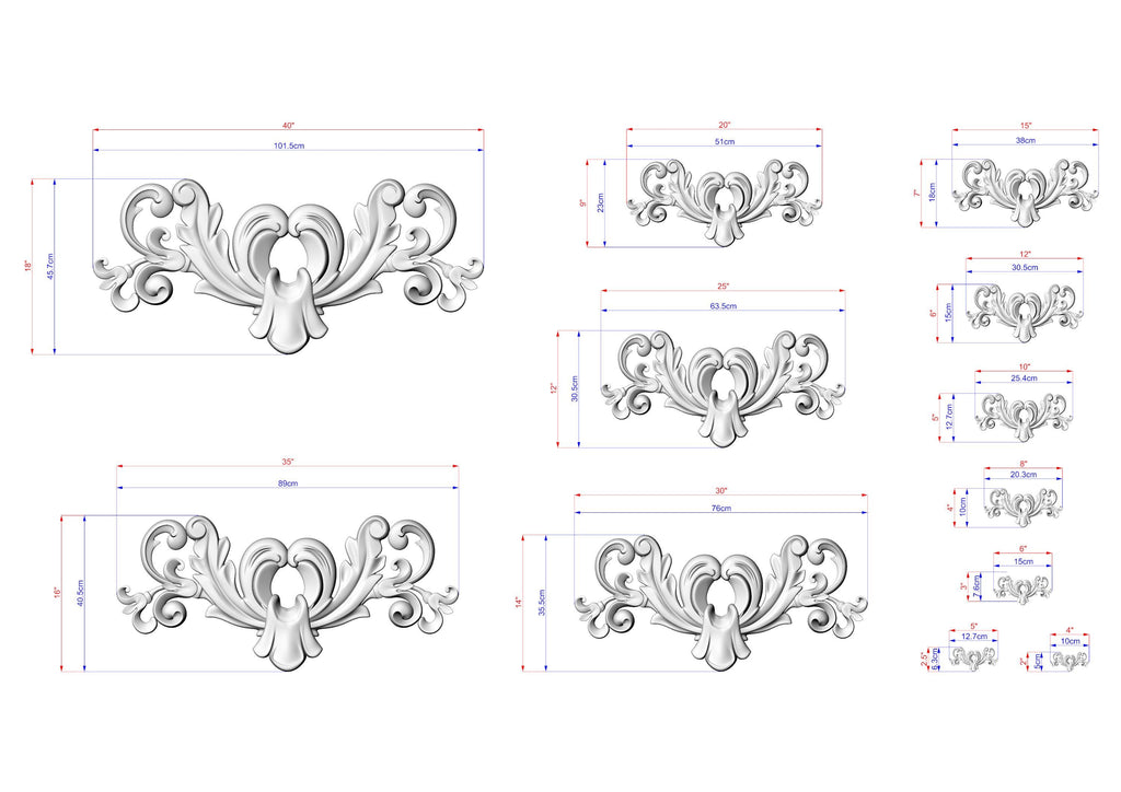 various ornate designs, including floral and scroll motifs, along with their corresponding measurements. The designs are presented in different sizes, ranging from small to large, and are arranged in a grid format. The image does not contain any text or additional elements that would require a more detailed description.