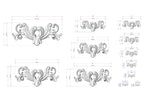 various ornate designs, including floral and scroll motifs, along with their corresponding measurements. The designs are presented in different sizes, ranging from small to large, and are arranged in a grid format. The image does not contain any text or additional elements that would require a more detailed description.