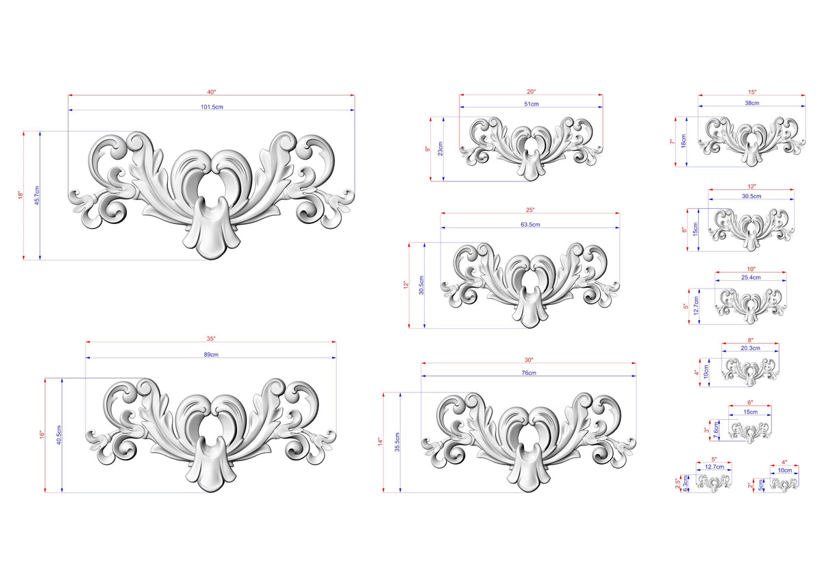various ornate designs, including floral and scroll motifs, along with their corresponding measurements. The designs are presented in different sizes, ranging from small to large, and are arranged in a grid format. The image does not contain any text or additional elements that would require a more detailed description.