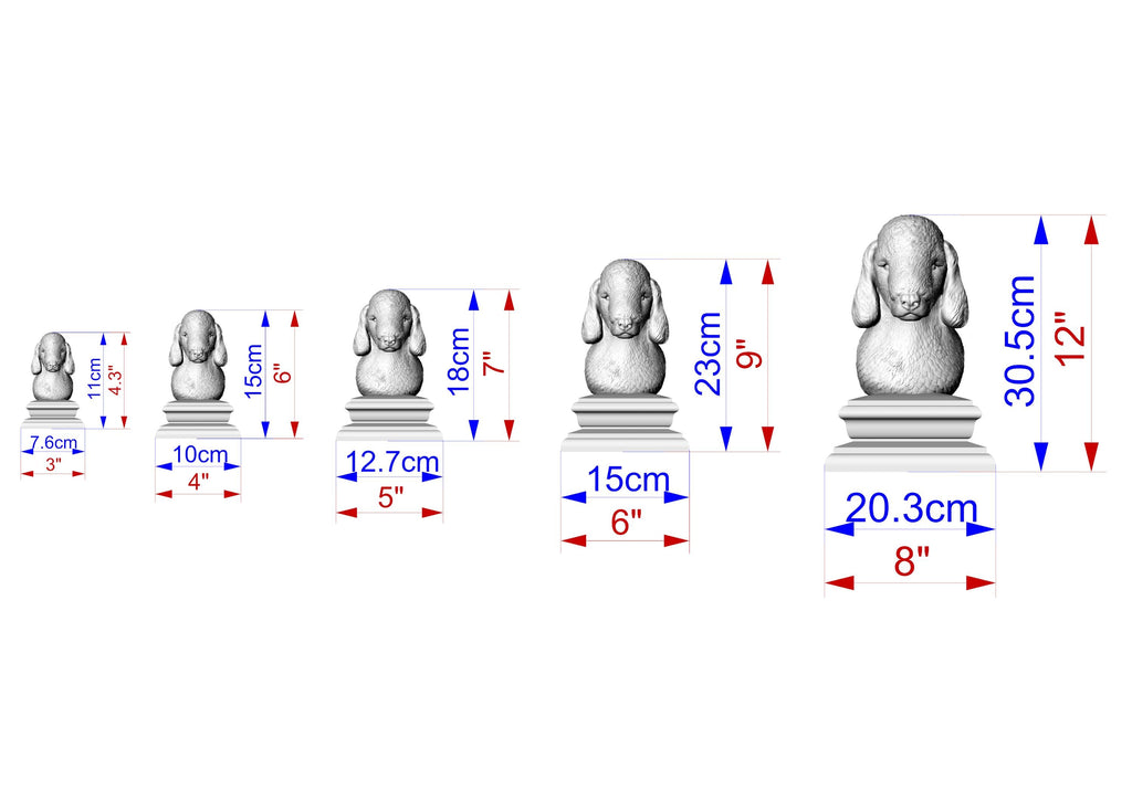 A series of gray sculptures of various sizes, each labeled with its corresponding measurement in centimeters.