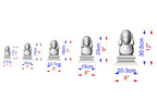 A series of gray sculptures of various sizes, each labeled with its corresponding measurement in centimeters.