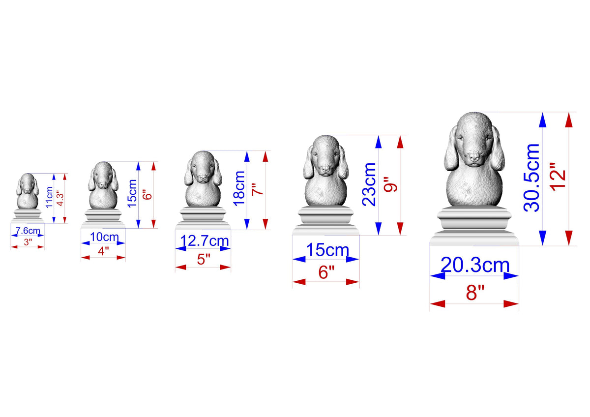 A series of gray sculptures of various sizes, each labeled with its corresponding measurement in centimeters.