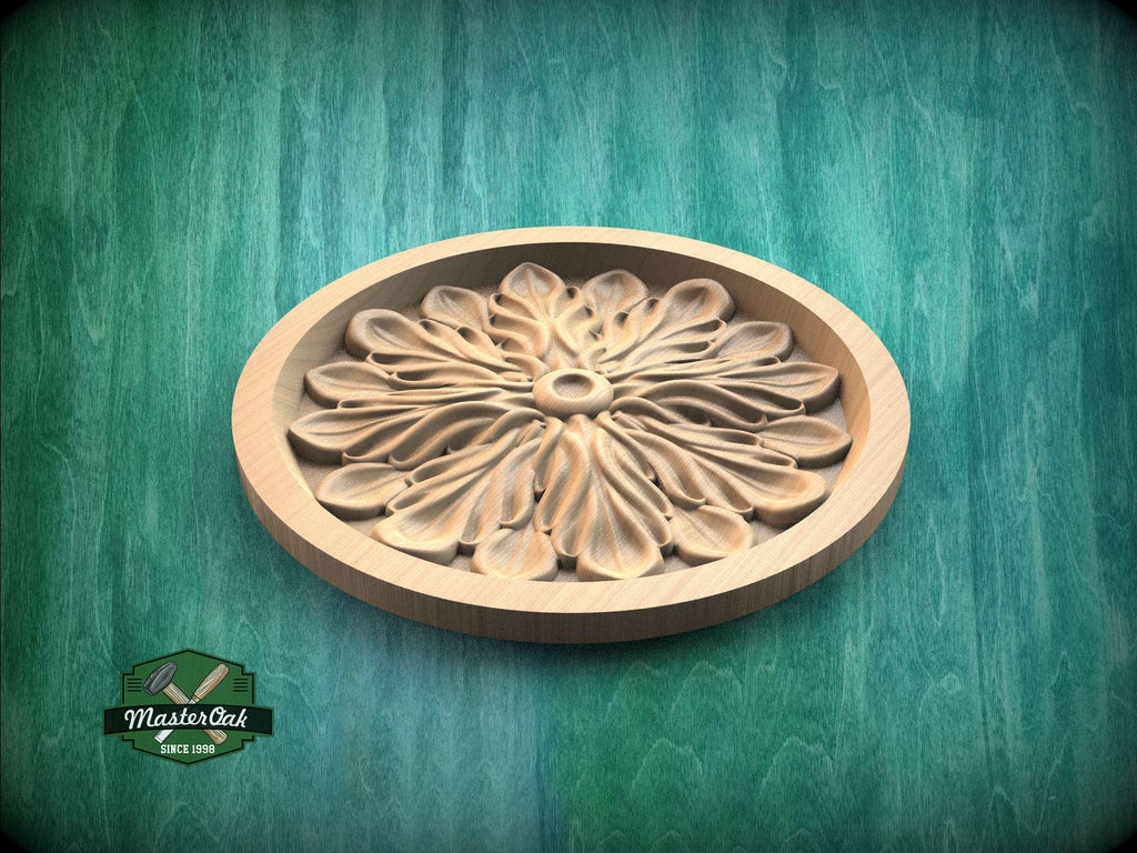 A wooden ornamental piece with a floral design, displayed on a green textured background.