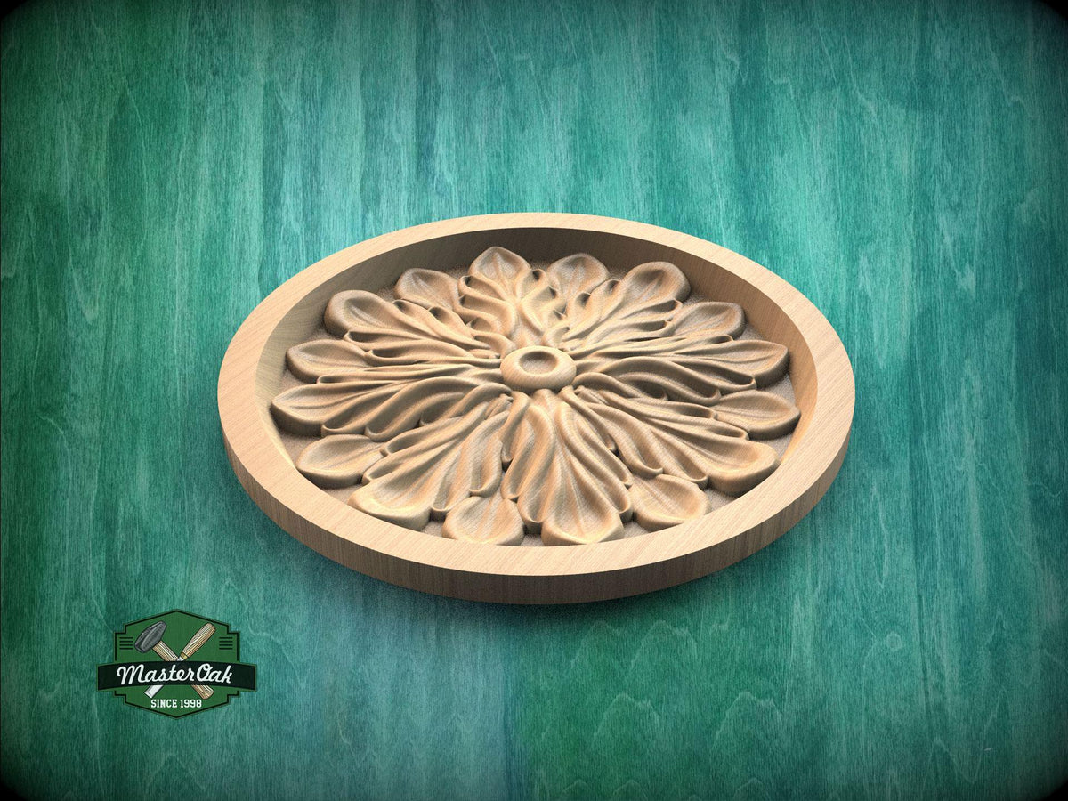 A wooden ornamental piece with a floral design, displayed on a green textured background.
