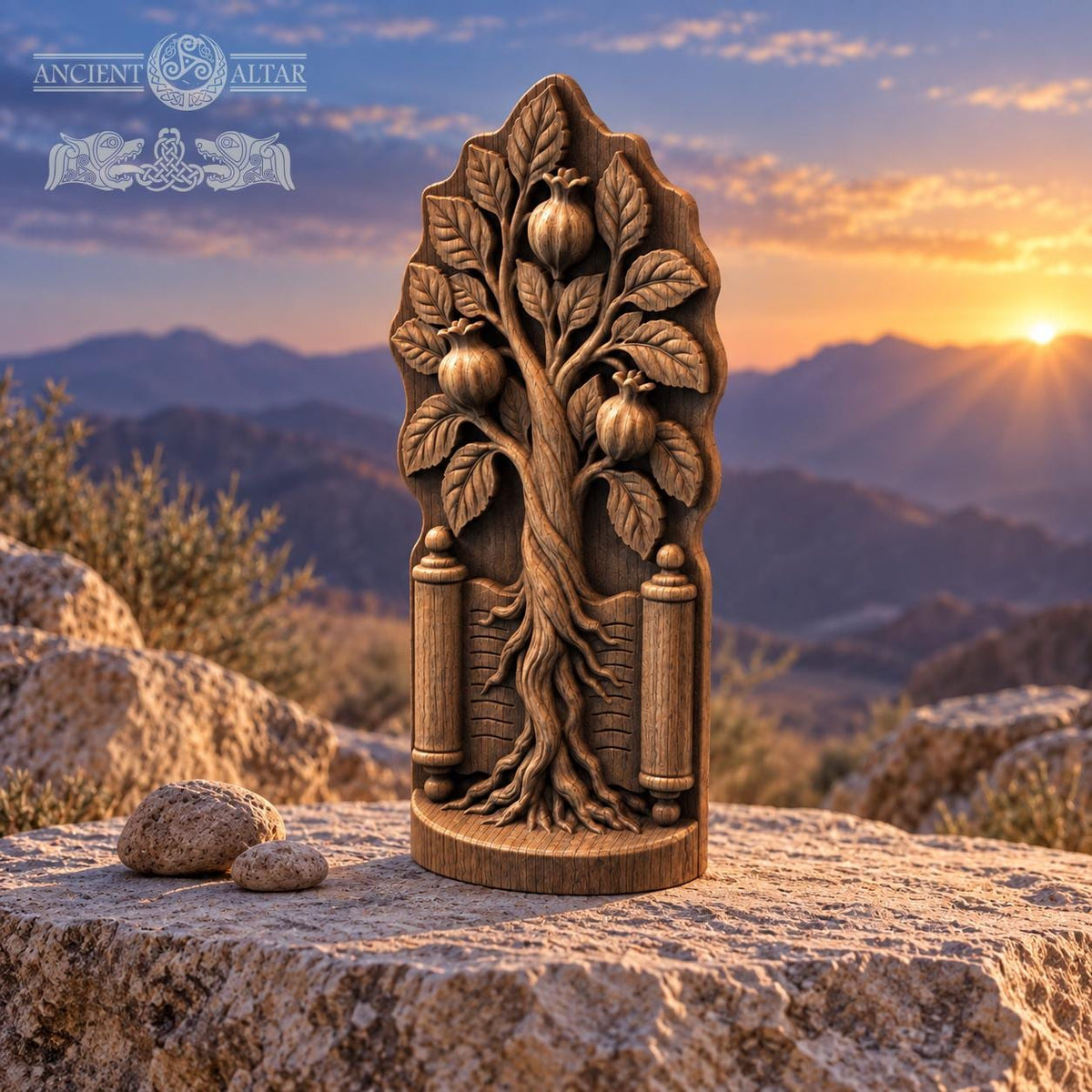 Pomegranate Tree with Torah Scroll, Solid Oak Judaica Sculpture, Tree of Life Decor, Jewish Wedding and Housewarming Gift
