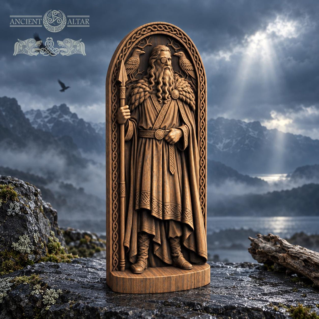 Odin Statue with Huginn and Muninn, Wooden Norse God Figurine, Viking Pagan Altar Decor, Gungnir Spear Sculpture, Nordic Gift