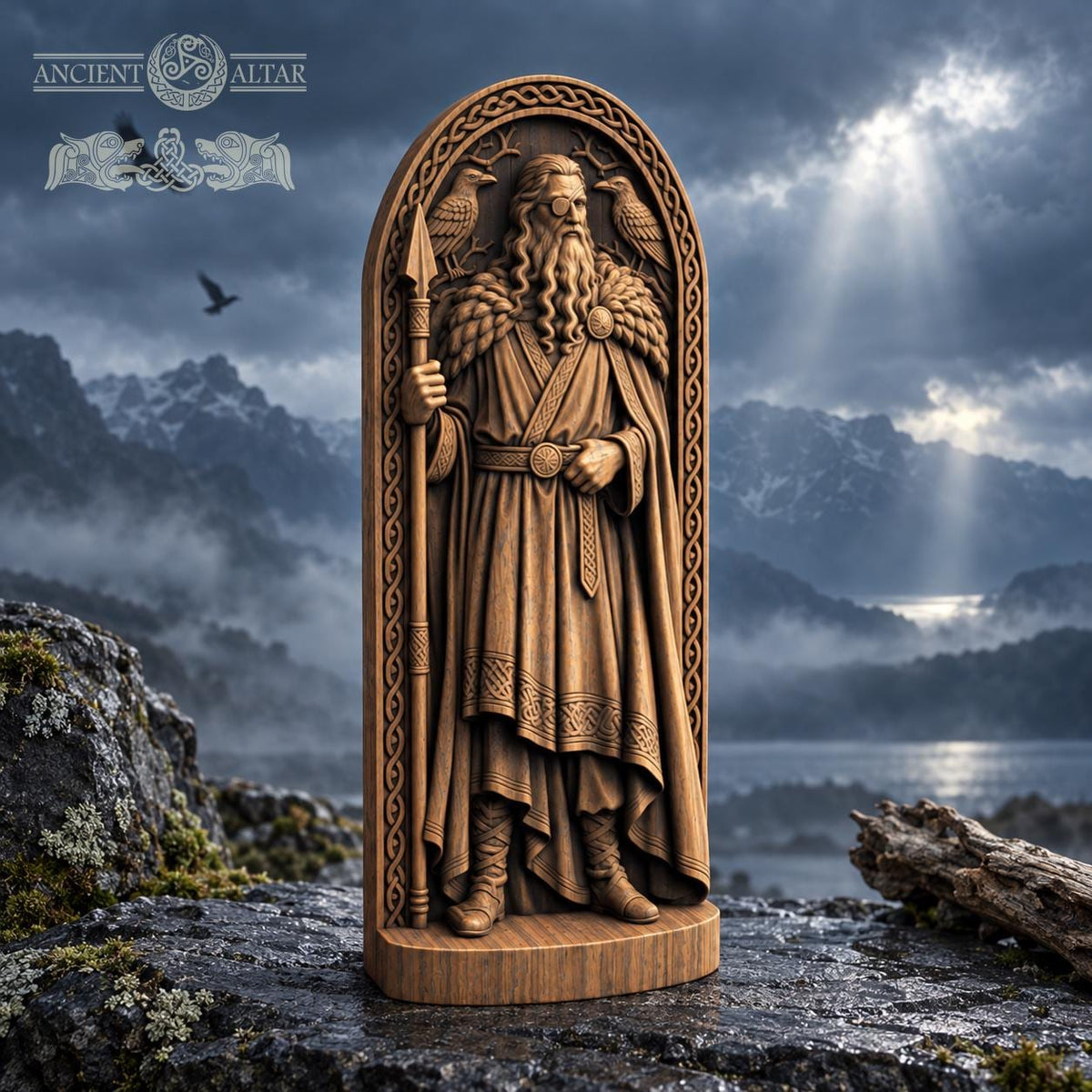 Odin Statue with Huginn and Muninn, Wooden Norse God Figurine, Viking Pagan Altar Decor, Gungnir Spear Sculpture, Nordic Gift