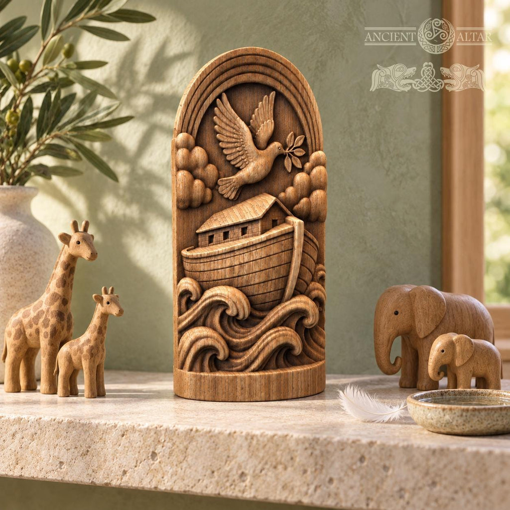 Noah's Ark Wood Sculpture with Dove and Rainbow, Solid Oak Biblical Relief, Judaica Home Decor, Religious Housewarming Gift