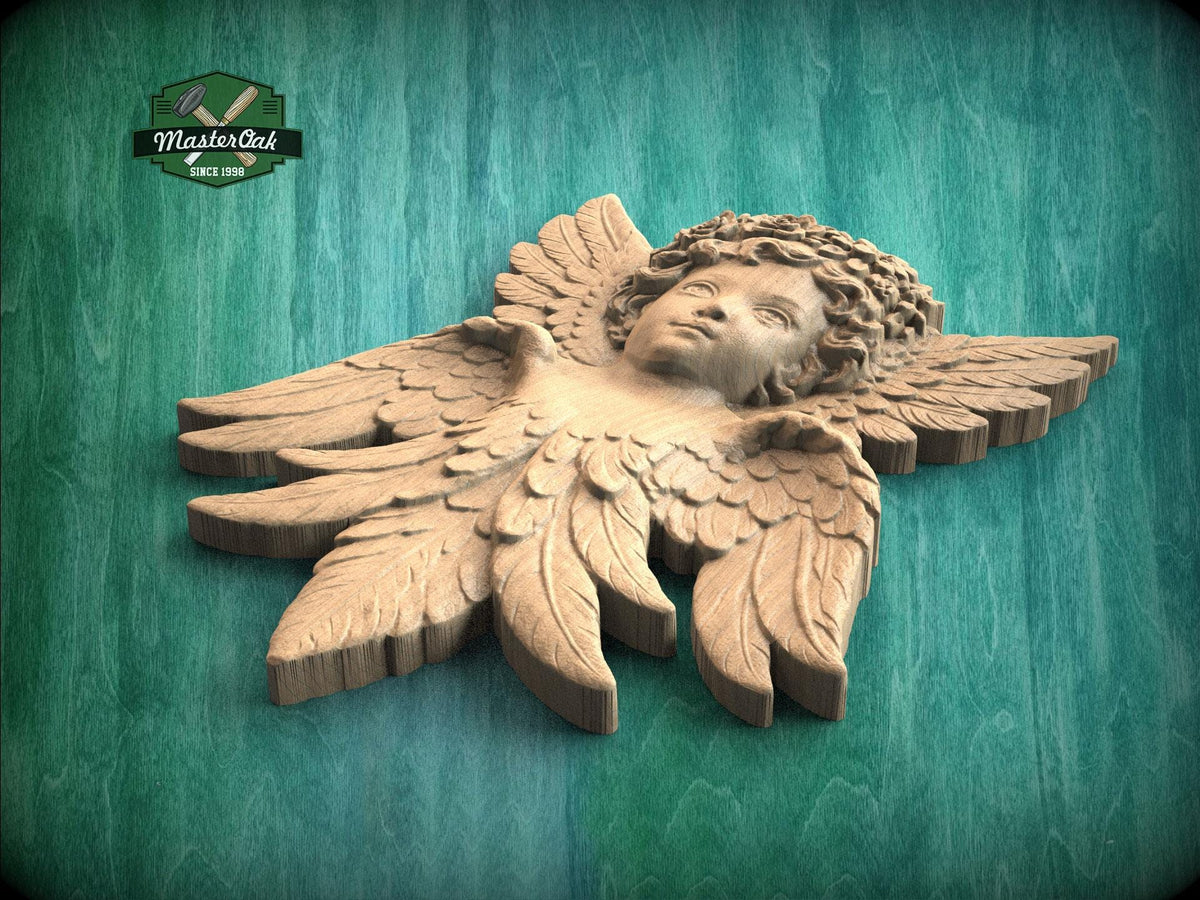 Carved Wooden Cherub Wall Onlay – Angel Relief with Wings Decorative Applique